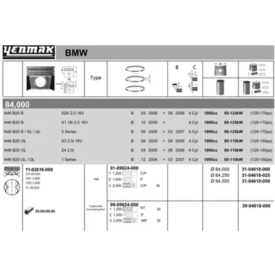 YENMAK 4618-STD Pıston+segman Ø 84 Mm Std Bmw 118ı 120ı 318ı 320ı 520ı X1 X3 Z4 11257562451
