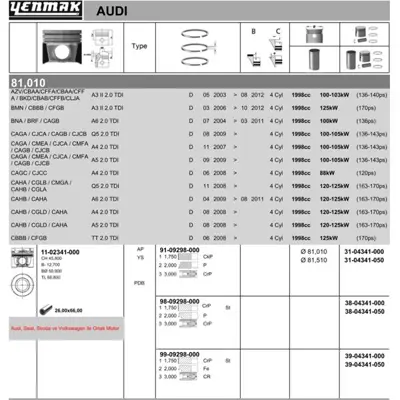 YENMAK 4341-050 Pıston+segman Golf A3 Tt Superb 2.0 Tdı 16v Cbbb 028PI0011000287-72518-050