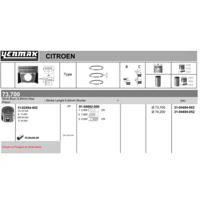 YENMAK 4494-002 Pıston Segman Kiti P207 P208 P2008 P206+ (T3e) Ds3 C3 Iıı Dv4c (1,4hdı 8v) Ford: Fıesta 1,4tdcı (73, 628W2