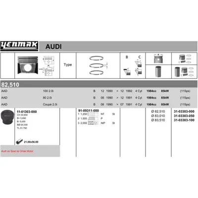 YENMAK 3303-050 Pıston+segman (83,01mm 0,50) A80 A100 A6 Alhambra Cordoba Ibıza Iı Toledo I Corrado Golf Iıı , Iv Pa 48107081B