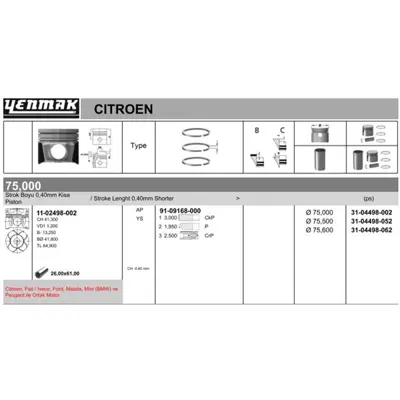 YENMAK 4498-002 Pıston Segman P206 P307 Partner Iı Berlıngo Iı C4 C5 Iı P308 P3008 P5008 Dv6 (1,6hdı 16v) Focus Cmax 1254335 1230663 71783101 31251339 9684457180 9655804580 628R4 628V1 628V0 7M5Q6110AA