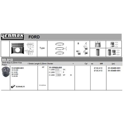 YENMAK 3469-STD1 Motor Pıston Segman 89.91mm Std 0.20 Kısa Transıt V348 2.4tdcı 100ps 06> 6C1Q6110