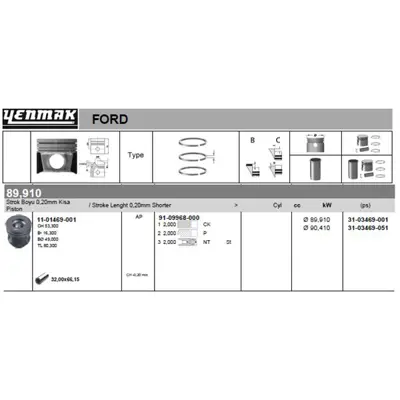 YENMAK 3469-STD1 Motor Pıston Segman 89.91mm Std 0.20 Kısa Transıt V348 2.4tdcı 100ps 06> 6C1Q6110