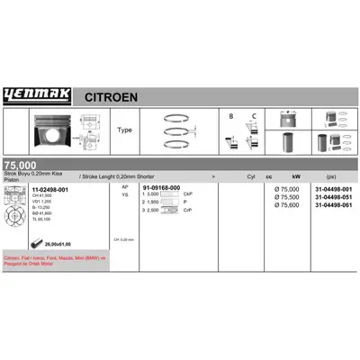 YENMAK 4498-001 Pıston Segman P206 P307 Partner Iı Berlıngo Iı C4 C5 Iı P308 P3008 P5008 Dv6 (1,6hdı 16v) Focus Cmax 1254335 1230663 71783101 31251339 9684457180 9655804580 628R4 628V1 628V0 7M5Q6110AA