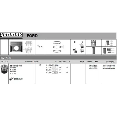 YENMAK 4952-050 Motor Pıston Sekman (82,50mm) - (050) Transıt Connect 1,8tdcı 90ps 07 > 8772707