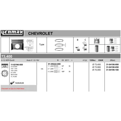 YENMAK 4196-050 Motor Pıston+segman Komple (0,50) Corsa D – Aveo T300 – A12xer 624001