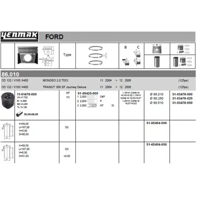 YENMAK 3478-020 Motor Pıston Segman (86,01 ) ( 0,25 Farklı ) Transıt V184 V185 01>06 Mondeo 2,0tdcı 125ps 04>06 On 10557011 159600 190013 7700065582 TS2356