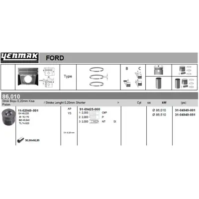 YENMAK 4949-STD1 Pıston Segman 86.01mm Std 0.20 Kısa Boxer Iıı Jumper Iıı C81 110bg C96 130bg C110 150bg Puma 2.2hdı 8783950052