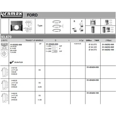 YENMAK 4252-065 Motor Pıston Segman (94,32mm) - (0,65 Farklı) Transıt T15 Turbo 2,5dı Tc 100ps 97>00 974F6K105BBB