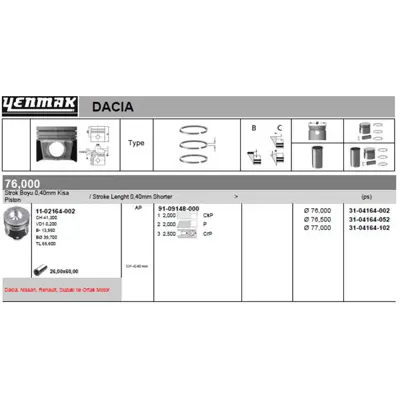 YENMAK 4164-052 Motor Pıston+segman Clıo Kangoo (Pım Capı 26mm) (1.5 Dcı K9k Bp) [(76.00mm Std (+0.50mm)] (0.40 Kısa 120A10282R 120A10538R 7701475703 7701475075 7701475077 120A11819R 120A12761R