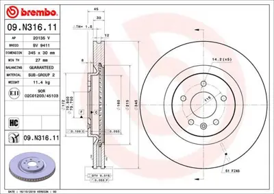 BREMBO 09.N316.11 Fren Diski On Opel Insignia B 18   Uv Coated 13521006 13598063
