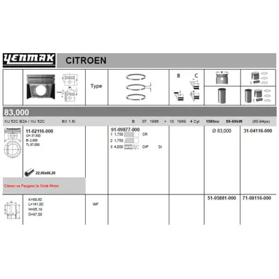 YENMAK 8116-STD Motor Pıston Segman P205 P305 P405 Gtı Xu5s Xu5m Xu52c Xu51c (1,6 8v) - (83,00) (Std) - (2,6 Cukur) 111AH