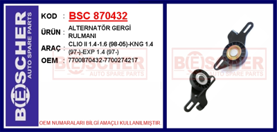 BESCHER 870432 Alternator Gergi Rulmanı Clıo Kangoo Megane 1.4 7700274217 FS99134 3661 Y1240 531040610 3406625 APV2063 V55579 N1721S F1227027