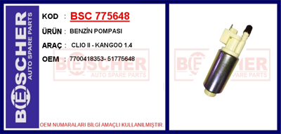 BESCHER 775648 Yakıt Pompası (Motor) Clıo Iı 1,2-1,4-1,6 ,2.0 3 Bar 95l-H 4419617 775069A 7506829 7700418353 7700426211 775069B 7700427101 775069 431336130000 2250182