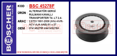 BESCHER 45278F Alternator Gergi Rulmanı Transporter T4 2.4 - 2.5tdı 074145278F 044145278A 074145278F 044145278A