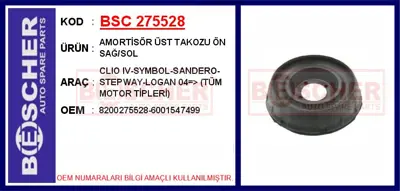 BESCHER 275528 Amortısor Ust Takozu On Sağ-Sol Clıo Iv-Symbol-Sandero-Stepway-Logan 04=> (Tum Motor Tıplerı) 6001547499 KSU6639 333741 80001687 338737 G37879 VKDA35633T 543A06915R 8200651172 G7369