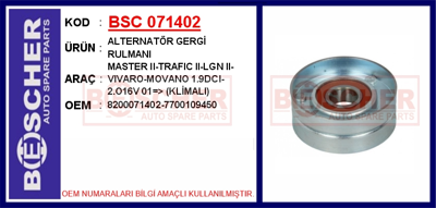 BESCHER 071402 Alternator Gergi Rulmanı Master Iı-Trafıc Iı-Lgn Iı-Vıvaro-Movano 1.9dcı-2.O16v 01=> (Klimalı) 7700109450 8200190572 8200190566 K017PK1785 7701477531 117200319R 8200069140 8200840823 8200833554 8200071404