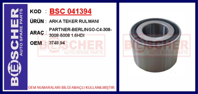 BESCHER 041394 Arka Teker Rulmanı Partner-Berlıngo-C4-308-3008-5008 1.6hdı 1406088 5450007100 5450007160 5450007200 5450007250 5450007260 5450007261 545000J000 545000X000 545000X300