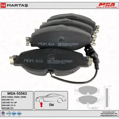 MGA 55563 Fren Balatası On Kablolu- (Vw Caddy 16- Golf 13- T-Roc 18- Audı A3 13- Seat Leon 13- Skoda Octa 8V0698151