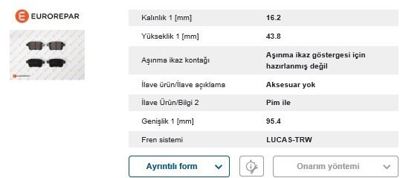 EUROREPAR 1617285980 Fren Balatası 1617285980