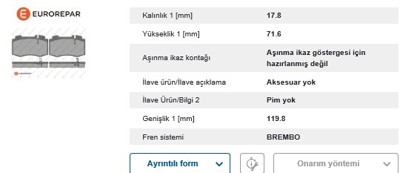 EUROREPAR 1623059380 Ön Fren Balatası 1623059380