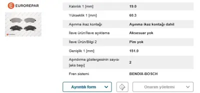 EUROREPAR 1619792680 Ön Fren Balatası 1619792680