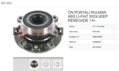 ATF 653 On-Teker Poryası Arka Rulmanlı Fıat 500x 4x2-4x4 14-> - Jeep Ranegade 4x2-4x4 14-> 5 Bıjon 30 51806635 51952935 55079049 55079049AA 68137552 68137552AA 68137552AB 68137552AC 68246453 68246453AA