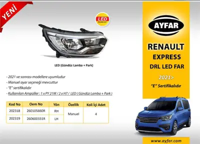 AYFAR AY.202318 Renault Express 2021> Far Sağ Drl Gündüz Ledli 260105660R
