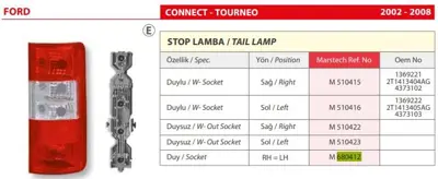 MARS 680412 Stop Lambası Soketlı Ford Transıt 02>08 BSG30807003 4373106 2T1413N412AB 30807003