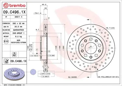 BREMBO 09C4961X Arka Fren Diski Alfa Romeo Giulia 15-Gt22 Stelvio 50532944 BN0847 DSK2431 1815201033 230863C 51767380 92221103 A2013V 986479327 MDC2160