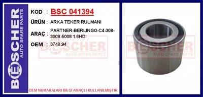 İthal 041394 Arka Teker Rulmani Partner-Berlingo-C4-308-3008-50 374894 QWB1375 VKBA6549 713640610 64100506 ADP158301C 27712 PEWB11406 723071 1610911680