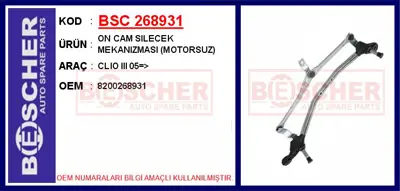 İthal 268931 Ön Cam Silecek Mekanizmasi Motorsuz Renault Clio 8200268931 TGE438C 54523631 64043803010 54523611 8200268131 53567502 TGE401M 64043803 64300401010