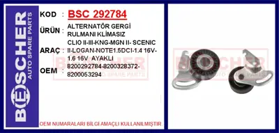 İthal 292784 Alternatör Gergi Rulmani Klimasiz Clio Ii-Iii-Kng- 8200053294 QTA1219 8200328372 1175000QAP 22281 11955BN702 8200262773 140988 T38347 VKM36052