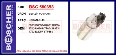İthal 580358 Benzin Pompasi Logan-Clio 7700416968 770025HQ 770025B ESS296 76396 7700418353 770025A 702700960 70038 7506396
