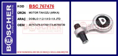 İthal 767476 Motor Takozu Arka Doblo I 1.2-1.9 D-1.9 Jtd 46759739 46767476 51760173 V240361 8053642 1225634 9002433 WMG3642 70936610 36610