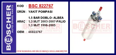 İthal 822767 Yakit Pompasi 1.5 Bar Doblo- Albea 1.3 Mjt 2003-20 46822767 7420961884 POMPA75 580464117 770175A 7507681 770175HQ 580464094 46888767 580464090