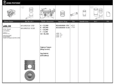 KING PISTON 18-1092510 Piston Segman Std 86,000mm C140 Captiva 251953241 25195324