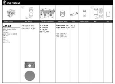 KING PISTON 18-8011030 Motor Pıston Segman Clıo 1,2 16v D4f (69,00mm) - Std 7701475781 40219600 219700 8745000000 69075 69L23 8771985 8787010022 7138565000 7138560000