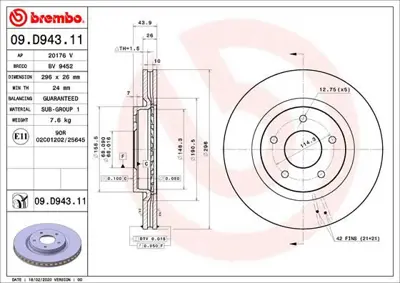BREMBO 09.D943.11 Fren Diski On Uv Coated Renault 402065HA0A