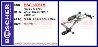 İthal 68931M Ön Cam Silecek Mekanizmasi (Motorlu) Renault Clio ... SWM151000 8200268931 H27199 CWM15100GS 1257564 TGE438C 461880061 CWM15100AS SWM151001 90111
