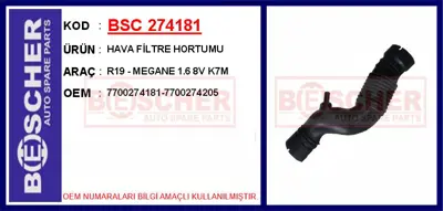 İthal 274181 Hava Filtre Hortumu R19 - Megane 1.6 8v K7m 7700274181 R12779 7700274205 225958 7700273946 7700866642