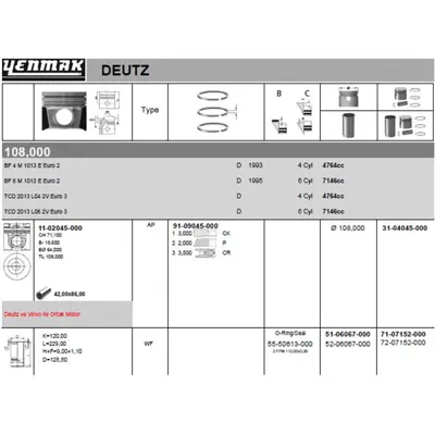 YENMAK 72-07152-000 Motor Kiti (Gomlek+pıston+segman+o-Rıng) 108,00mm Std Deutz (Bf4m 1013e - Volvo D7d 20854656 109082 40278960 8913690010 4255214 4294190 4255213 4253771 4200255 4282014