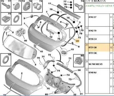 PSA PSA 8731.Q6 Bagaj Amortisörü Peugeot P308 T7 8731Q6 8731.Q6 8731Q6 8731Q6 