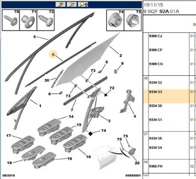 PSA 9334.S3 Sol Ön Cam Dış Fitil 9334S3