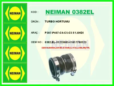 NEIMAN 0382EL Turbo Hortumu P307-P407-C4-C5-C5 II 1.6hdi 11617798123 382HK 500133 36715 382FE 103720 P2087 9236 382NY 521877