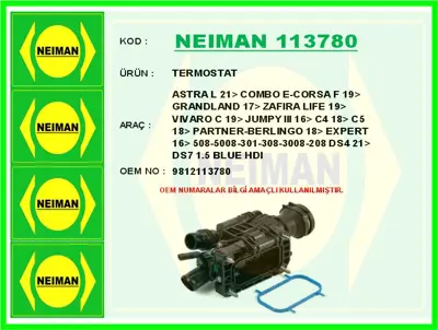 NEIMAN 113780 Termostat Astra L 21-Gt Combo E-Corsa F 19-Gt Gr 3553712 9812113780 421150662 8192980 92980
