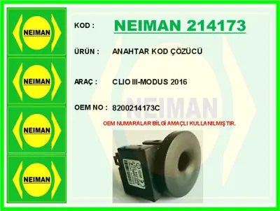 NEIMAN 214173 Anahtar Kod Çözücü Clio Iii-Modus 2016 8200214173C
