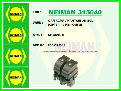 NEIMAN 315040 Cam Açma Anahtari On Sol Ciftli - 10 Fis -Kahve 8200315040 V46730040 ALRNB76007 8200108272 702106 8200015085 916553 2106109 462060406 SWR710200