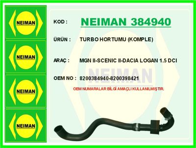 NEIMAN 384940 Turbo Hortumu Komple Mgn Ii-Scenic Ii-Dacia Loga 8200384940 BTH1271 21192 224729 189572A FTH1271 90520 8200384940part2 8200240894 223383