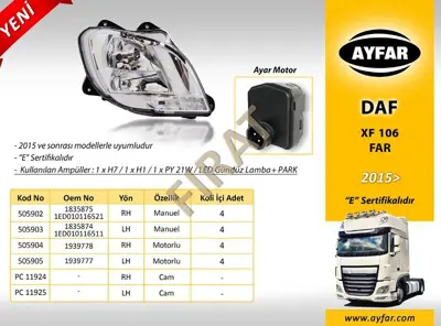 AYFAR 505903 Far Sol (Motorsuz) - Daf   Xf106 - Led Drl-Park (2016-2024) 1835874 581292 XF6605 1ED010116511 82680 81658550 DFBODY151LHD 160410601 9801189 D70137107